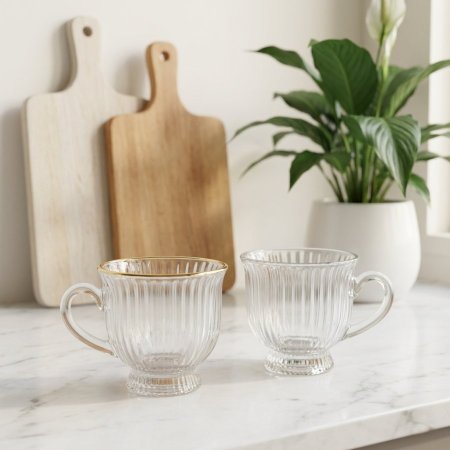 طقم كاسات شاي زجاجية بنقوش طولية بارزة